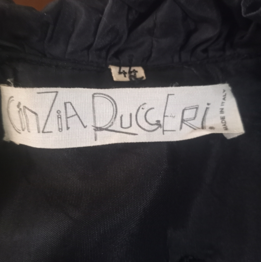Cinzia Ruggieri Vintage Quilted Pinstriped Black Gold Silk Ruffled Trim Blazer L - Picture 5 of 8